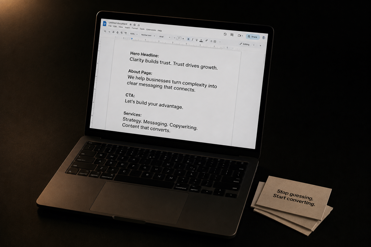 A white paper sheet with AI-generated website copy sections including hero headline CTA and services copy lying on a black surface with a chrome pen — representing how ChatGPT and Claude help write better website copy in 2026