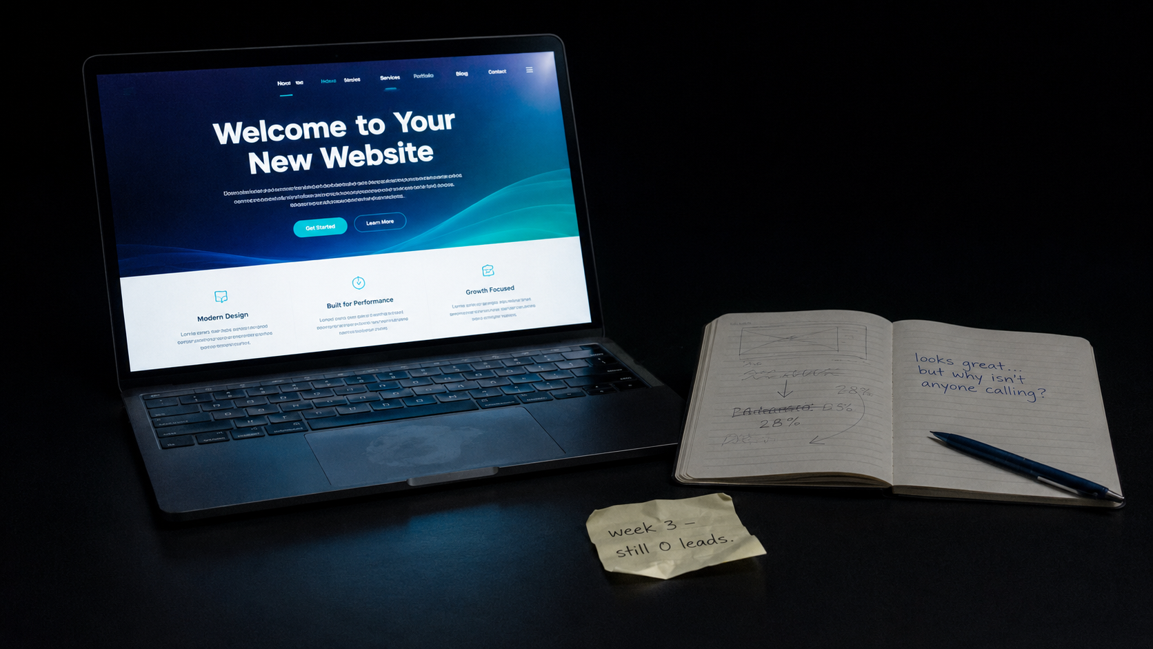 A laptop displaying a beautiful AI-generated website next to an open notebook with the handwritten question "looks great... but why isn't anyone calling?" and a crumpled sticky note reading "week 3 — still 0 leads" — capturing the gap between AI web design aesthetics and real client expectations in 2026