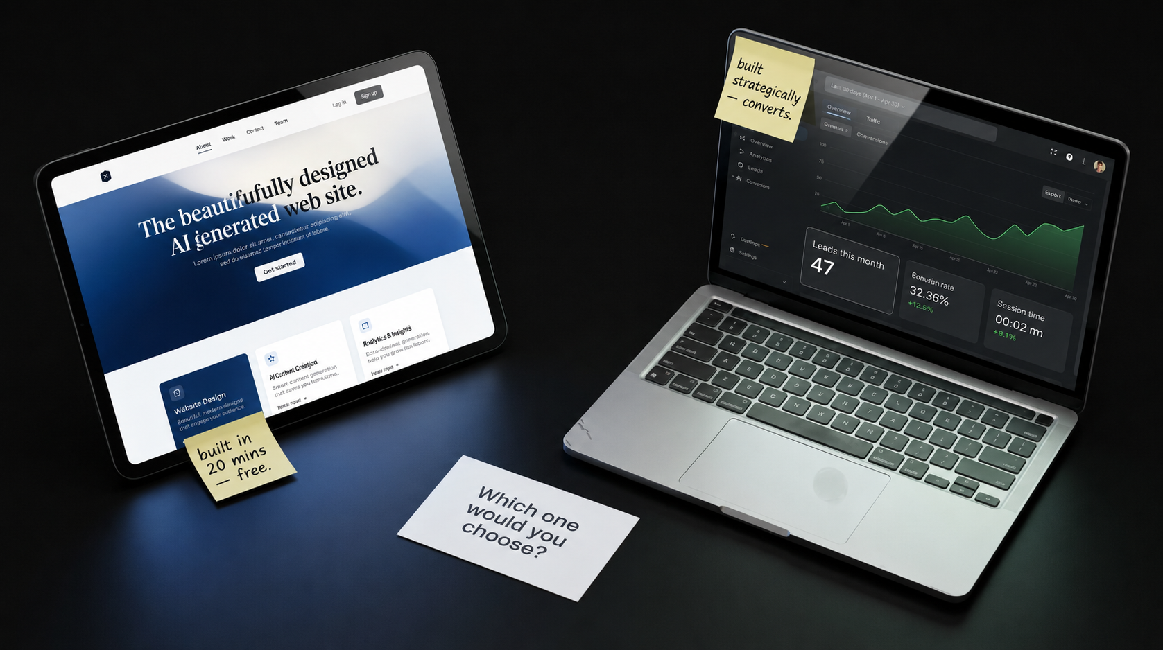 A tablet showing an AI-generated website next to a laptop displaying a Google Analytics dashboard with 47 leads — illustrating how AI is changing client expectations in web design in 2026 by shifting the focus from aesthetics to measurable performance