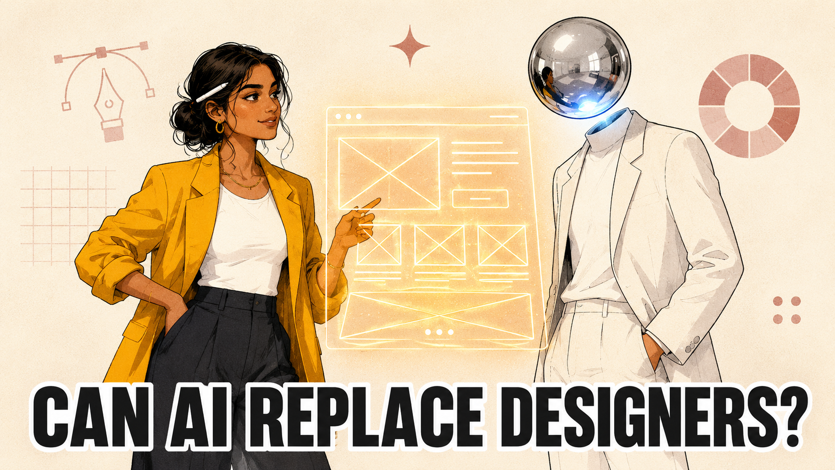 Bold editorial illustration showing a web designer and an AI figure collaborating on a glowing website wireframe — representing the question can AI replace web designers in 2026 and the answer that human creativity and AI work best together