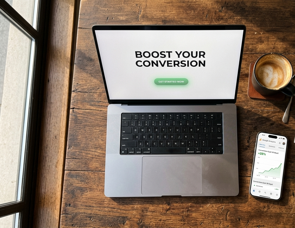 Overhead flat lay of a MacBook showing a clean website with a CTA button, surrounded by a conversion checklist, a phone displaying a Google Analytics upward graph, and a sticky note reading "conversion equals clarity plus trust" — illustrating the psychology behind high-converting websites