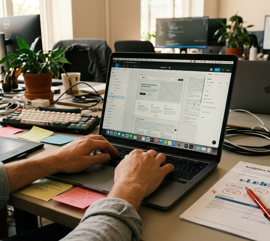 Close-up of a web designer's hands working on a website wireframe in Figma on a MacBook Pro, with a drawing tablet and printed analytics report on the desk — representing human strategy behind high-converting web design