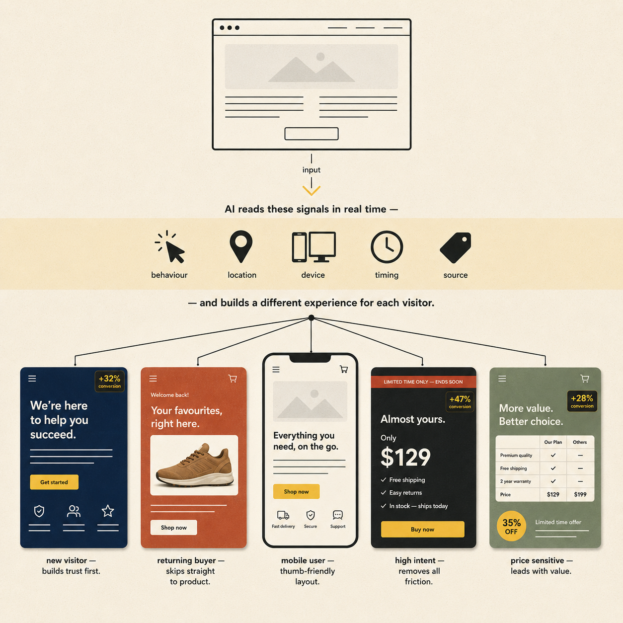 Editorial illustration of a single website branching into five personalised versions for different visitor types — representing how AI website personalisation helps businesses improve conversion by showing each visitor a relevant experience