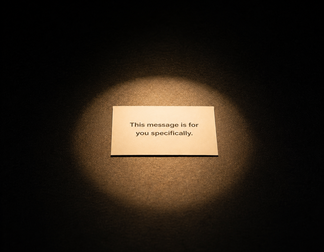A small brass theatre spotlight casting a tight circle of light on a card reading "this message is for you specifically" surrounded by dark invisible cards on a black surface — representing how AI website personalisation makes every visitor feel individually seen, improving conversion for businesses in 2026