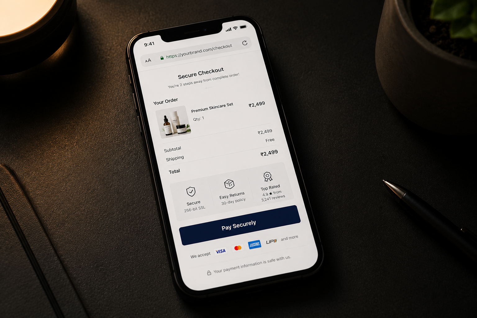 A smartphone displaying a clean checkout page with HTTPS padlock, secure payment badge, 30-day returns, 4.9 star rating, and UPI payment button — showing the exact trust signals that make people trust a website instantly and complete a purchase in 2026