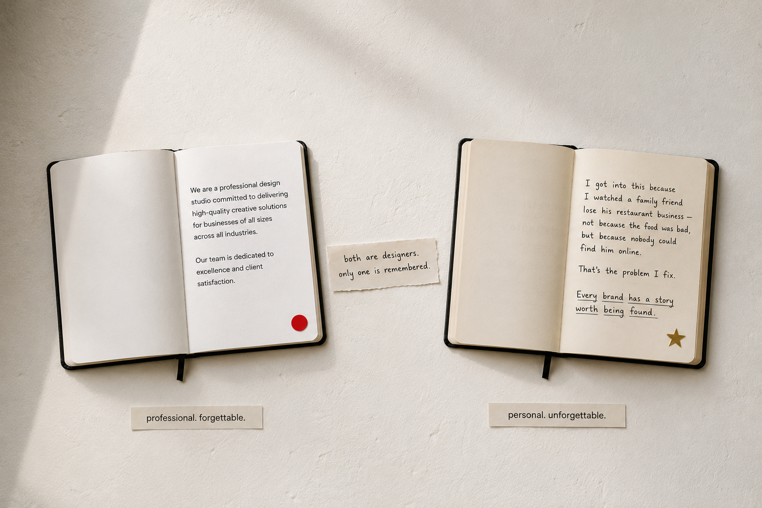 Two open notebooks side by side on a white surface — one with generic corporate design studio copy and one with a personal human story about why the designer does what they do — showing why most freelance websites fail when they use impersonal language instead of a genuine human voice that clients remember and connect with