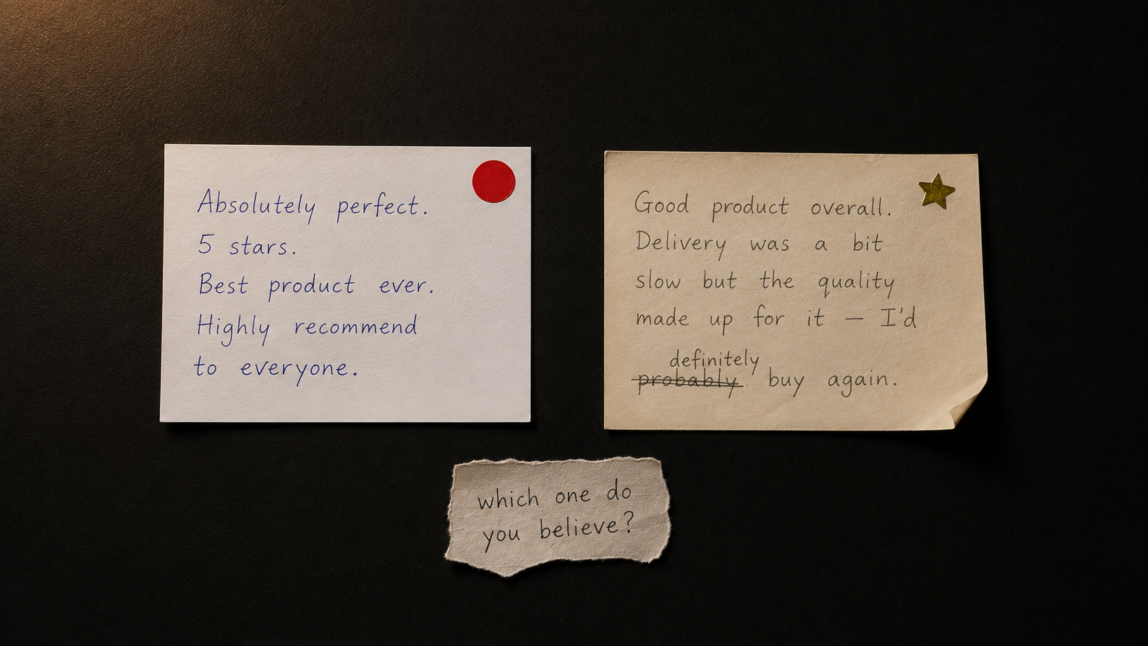 Two handwritten index cards on a black surface — one suspiciously perfect review with a red sticker and one honest corrected review with a gold star — showing why raw imperfect social proof builds more instant website trust than curated perfect testimonials in 2026