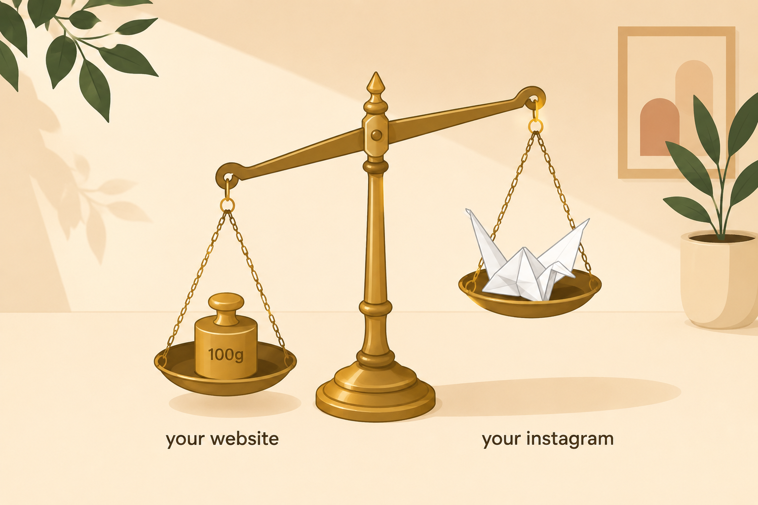 A vintage brass balance scale with a solid brass weight on the lower side labelled "your website" and a lightweight origami bird on the raised side labelled "your instagram" — illustrating why consumers are more comfortable making large purchases on business websites than on social media platforms in 2026