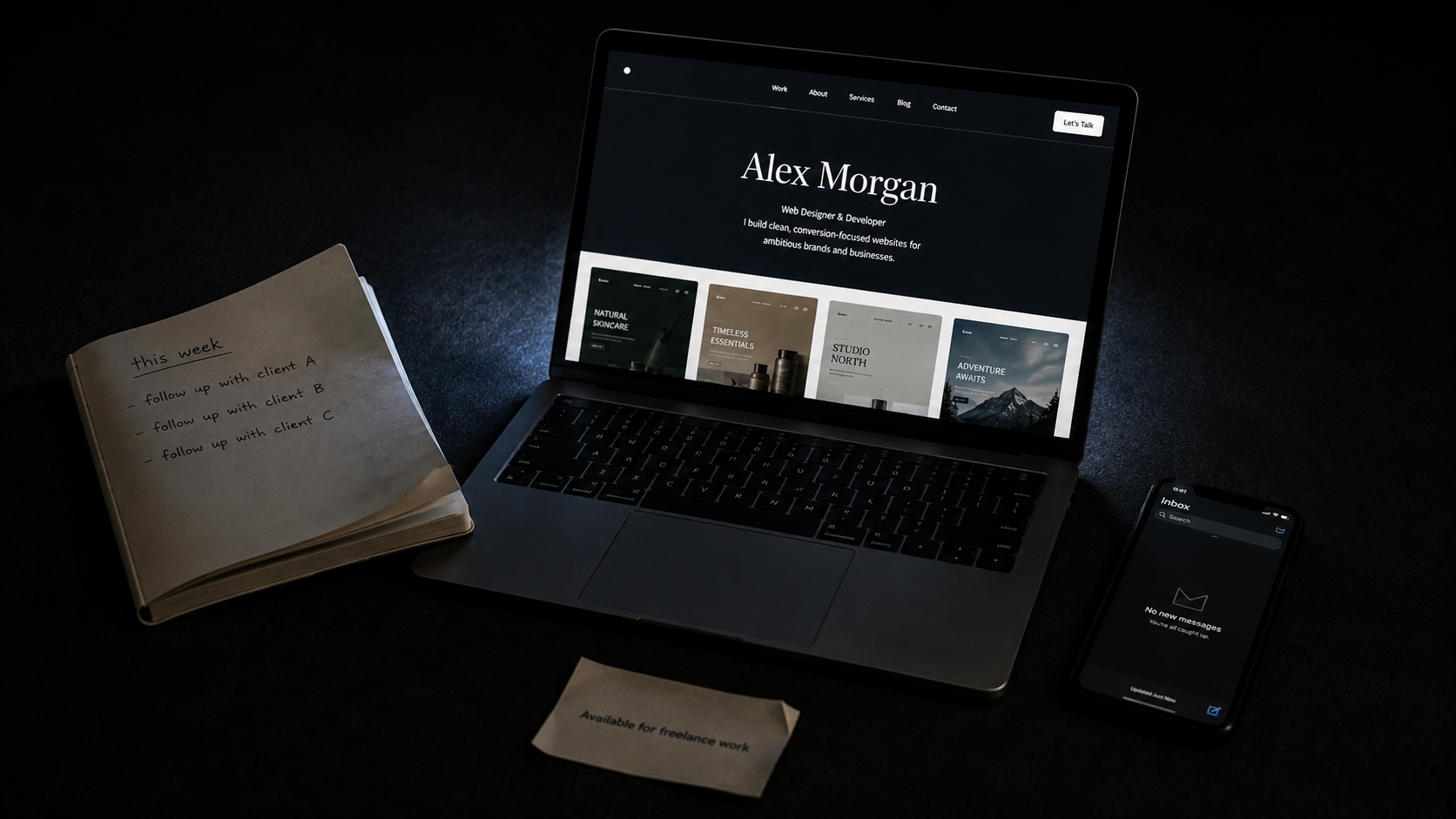 A beautiful freelance portfolio website on a laptop screen surrounded by an empty email inbox and a notebook with unanswered client follow-ups — showing why most freelance websites fail to convert visitors into clients despite looking professional in 2026