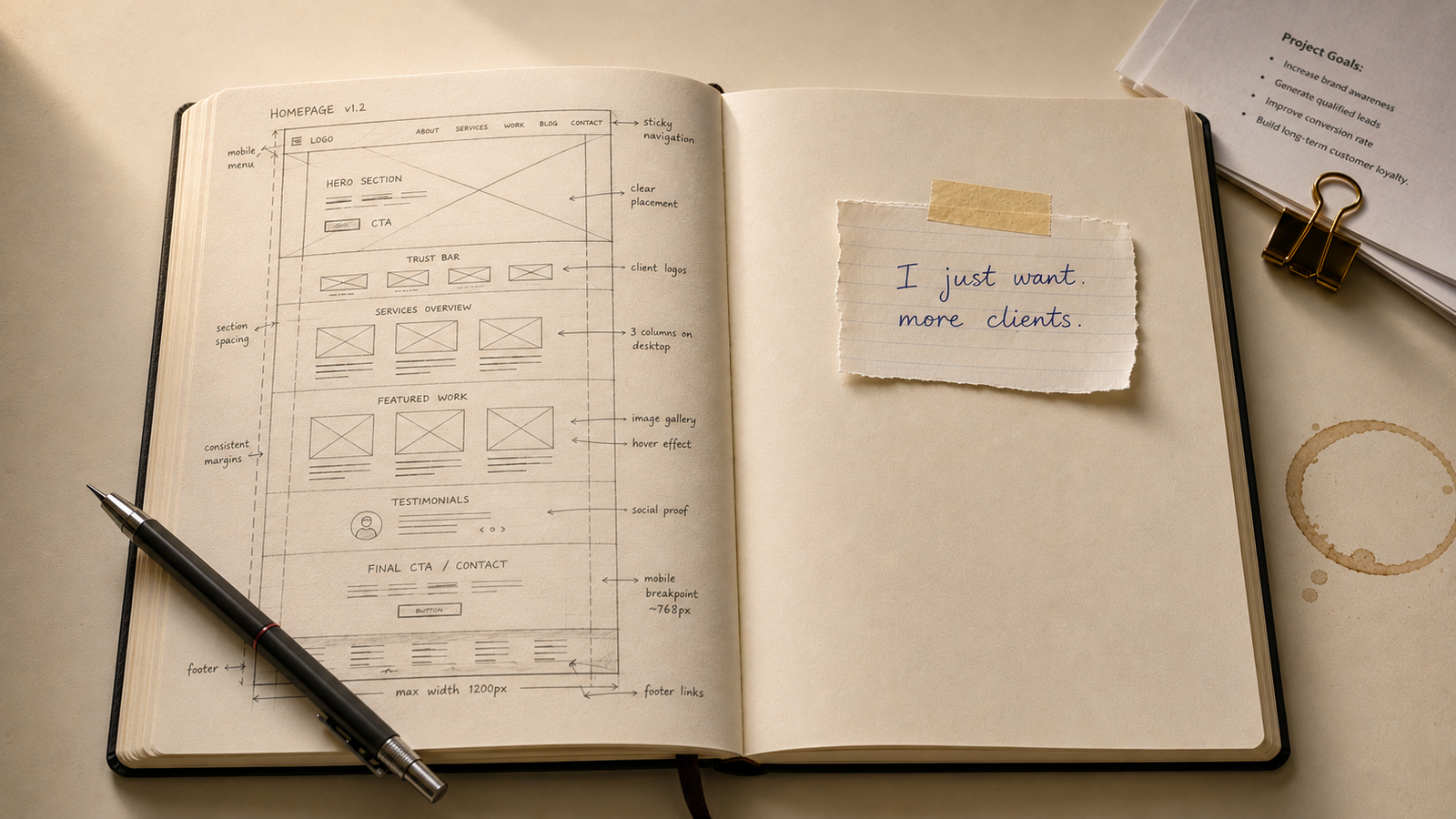 An open sketchbook with a detailed website wireframe on the left page and a handwritten client note reading "I just want more customers" on the right — illustrating the gap between what web designers focus on and what clients really want from web designers in 2026
